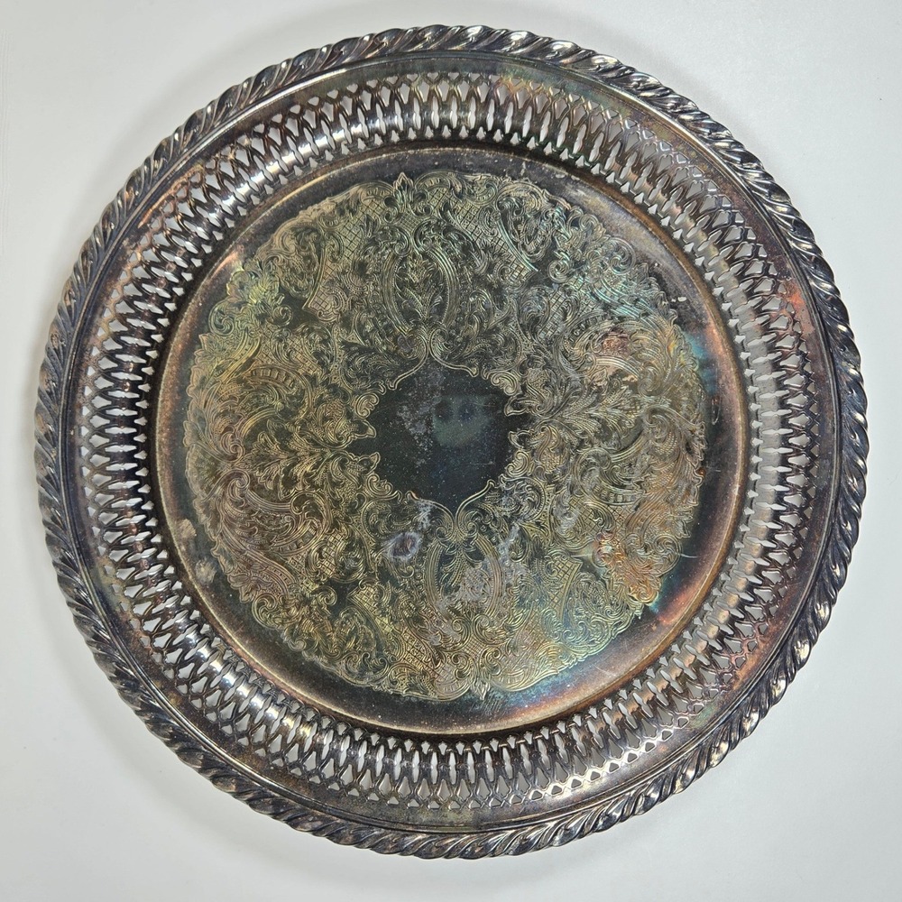 Oneida USA Silver Plated Round Serving Tray Pierced Gallery Etched Floral 10" in